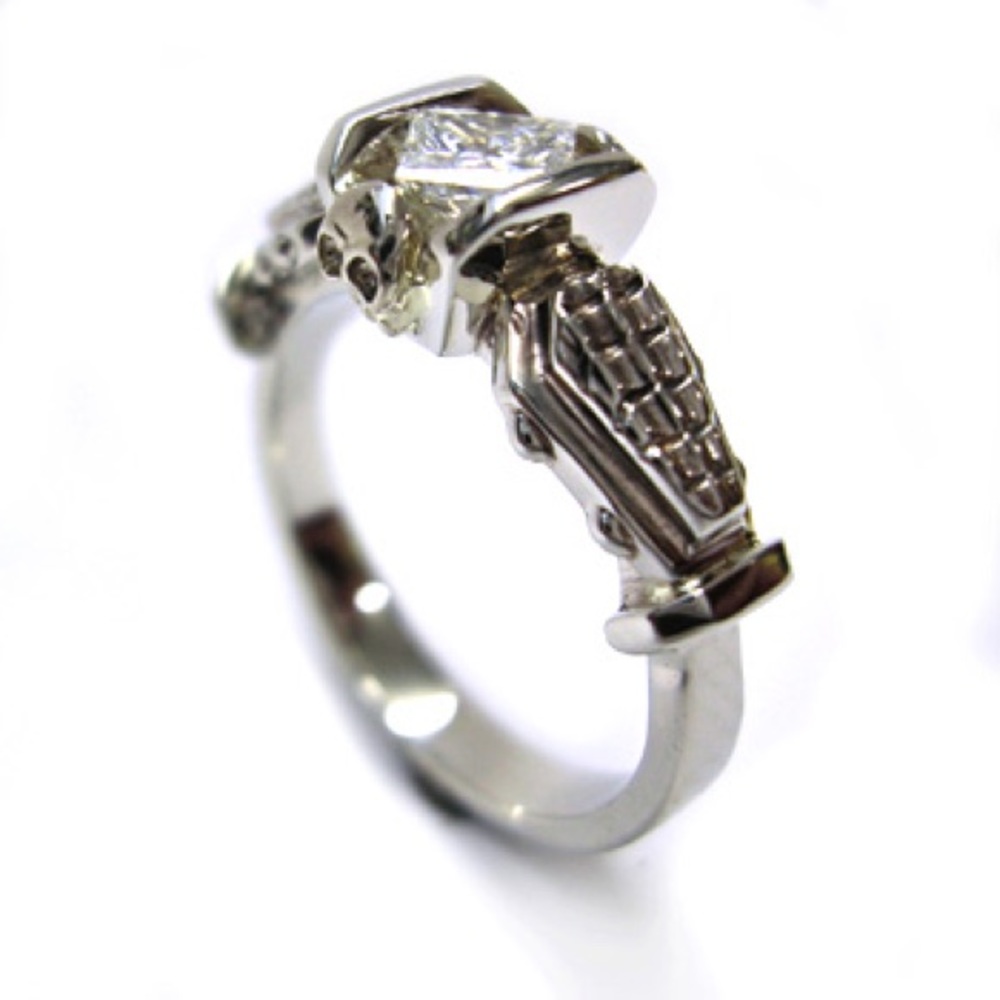 White Gold and .35 ct Diamond Custom Engagement Ring Goth Skulls Coffins sz 5.5